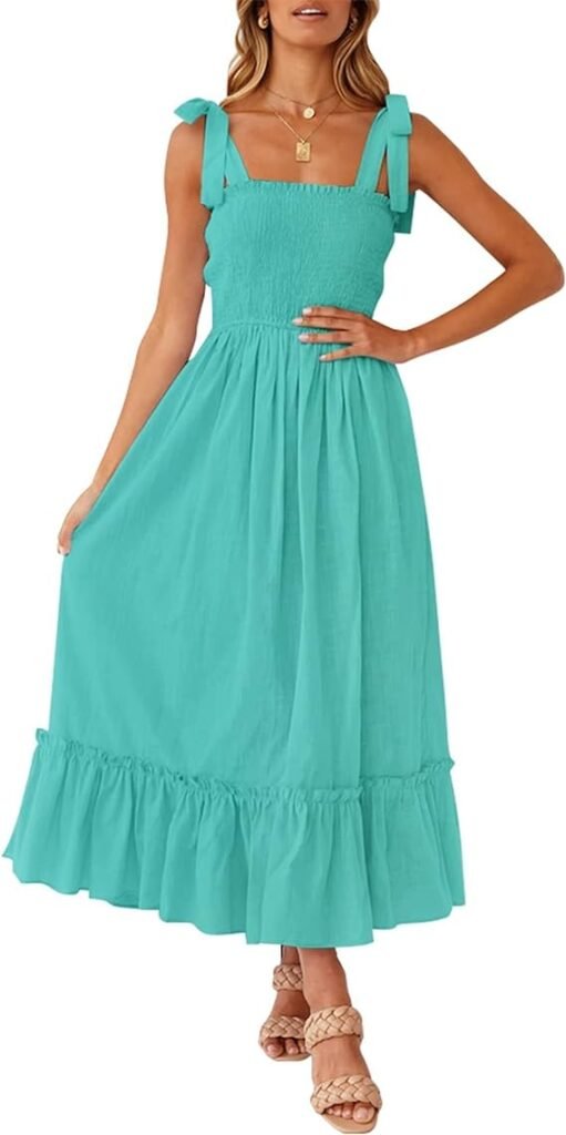 ZESICA Womens 2024 Summer Boho Spaghetti Strap Square Neck Solid Color Ruffle A Line Beach Long Maxi Dress